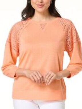 Women's Peach Crochet-Sleeve Pullover Sweater